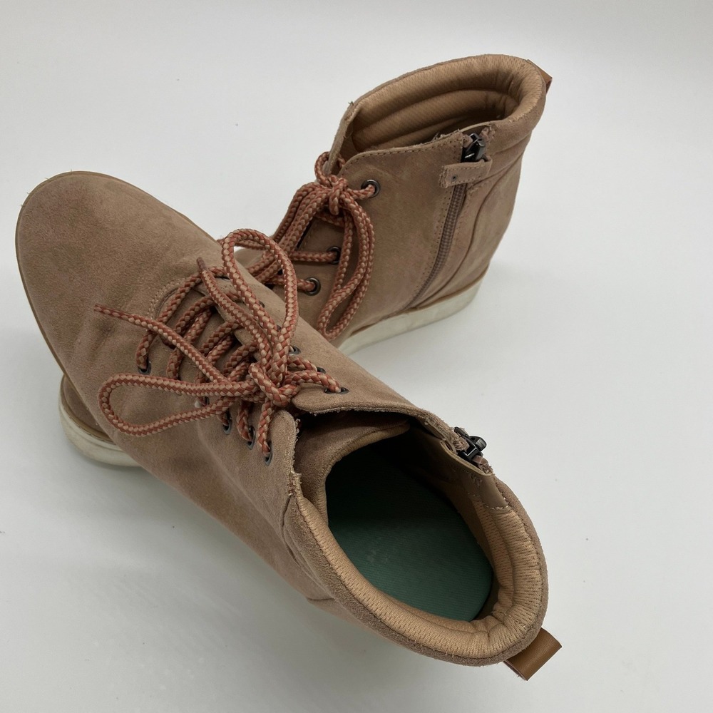 Dr. Scholls Suede Wedge Sneakers Tan Lace Up Side Zip Boots Womens 9.5M